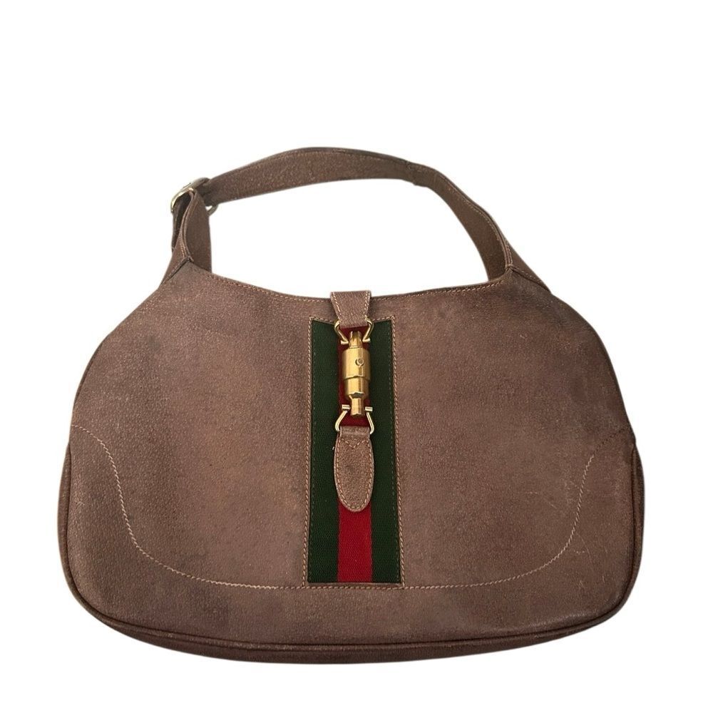 Gucci Jackie Tan Suede Hobo Bag with Green and Red Stripe piston lock - Picture 2 of 16